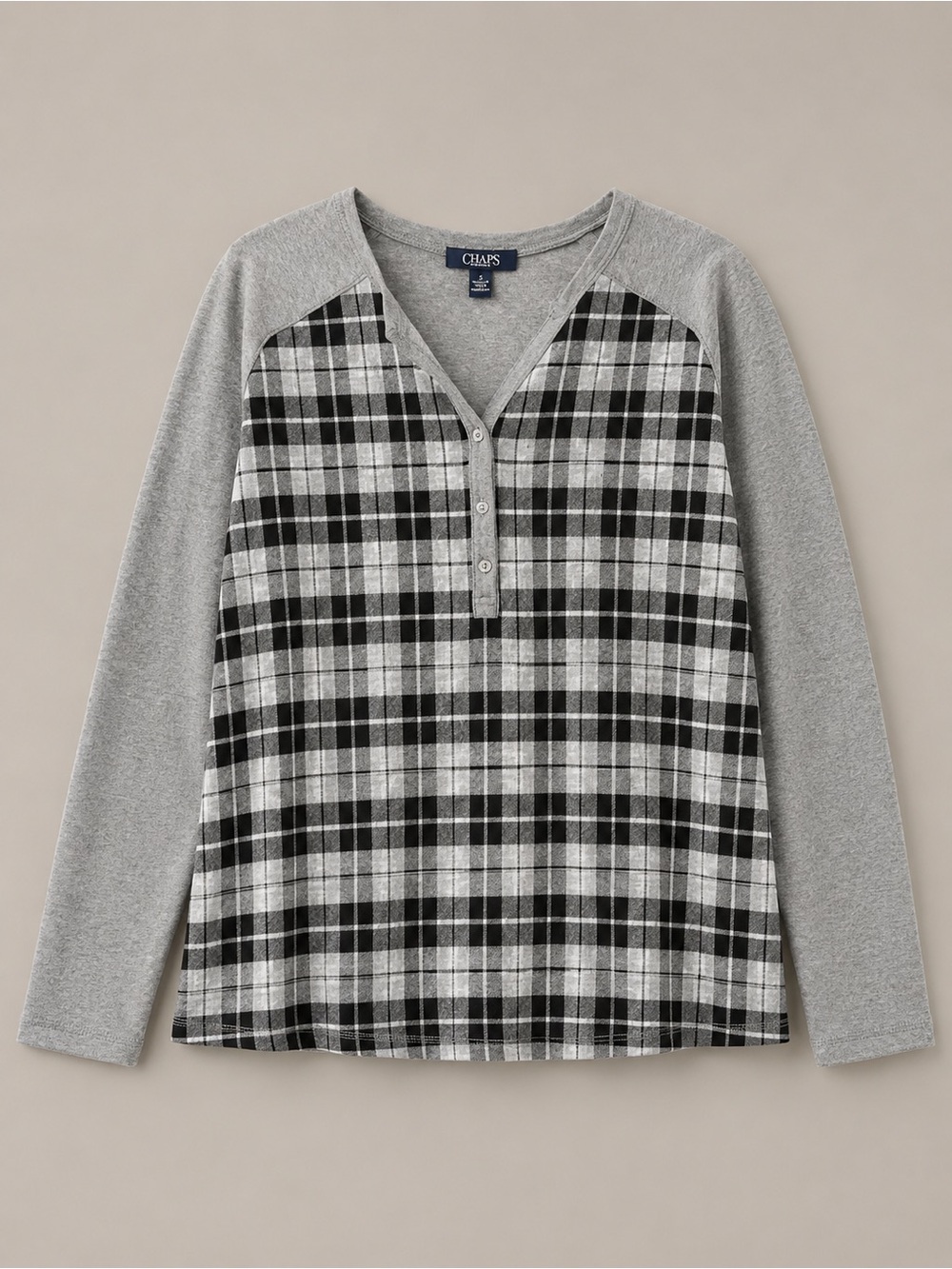 Chaps Gray and Black Plaid V-Neck Henley Sweater